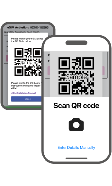 Phone scanning Sakura Mobile eSIM QR code from another device during installation process.