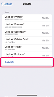 iPhone Cellular settings page highlighting 'Add eSIM' button for Sakura Mobile eSIM activation.