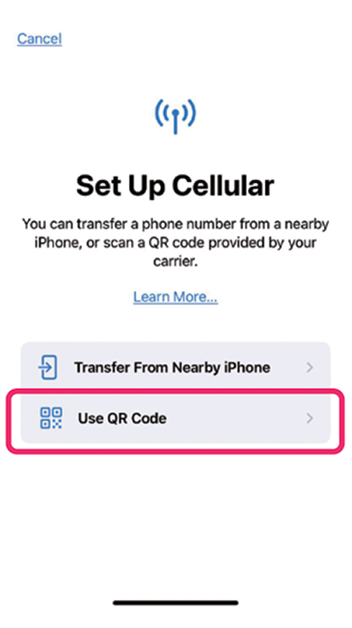 Set up Cellular screen on iPhone showing 'User QR Code' option to install Sakura eSIM.