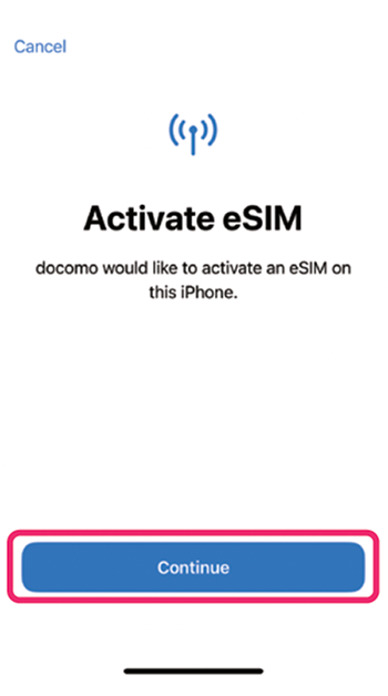 iPhone showing docomo eSIM activation prompt with 'Continue' button for Sakura eSIM setup.