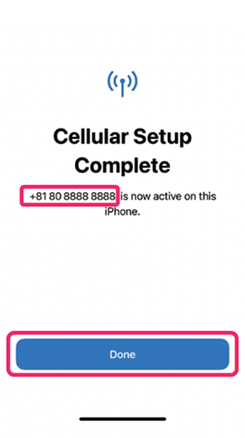 iPhone setup complete screen showing Sakura Mobile eSIM with phone number and 'Done' button.