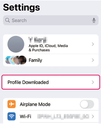 iPhone Settings showing 'Profile Downloaded' aler under username for Sakura Mobile eSIM.