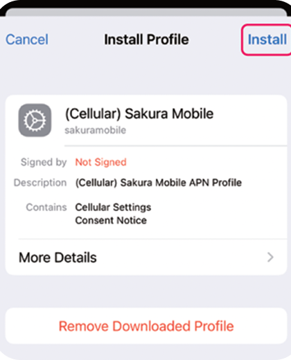 Install profile screen displaying Sakura Mobile eSIM APN details and 'Install' button in red box.