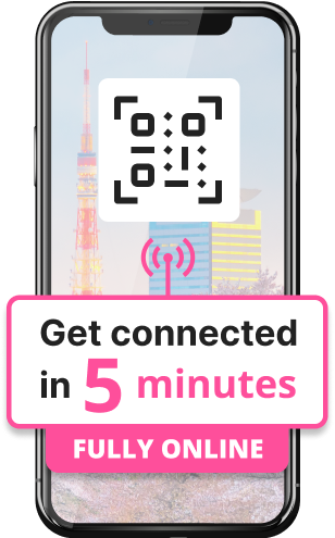 Smartphone screen with Tokyo Tower, QR code, and signal for fast Sakura Mobile eSIM setup.