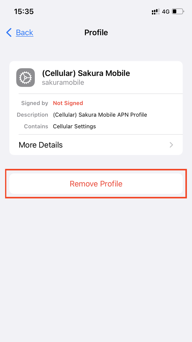 Profile details screen showing Sakura Mobile APN with 'Remove Profile' button highlighted.
