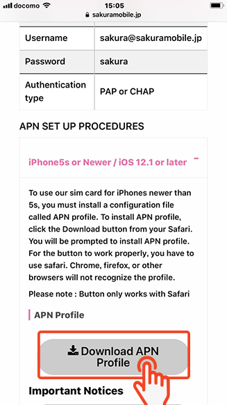 iPhone Safari screen showing Sakura Mobile APN download link with note to avoid Chrome or Firefox.