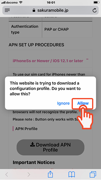 Prompt on iPhone asking to allow Sakura Mobile APN profile download via Safari.