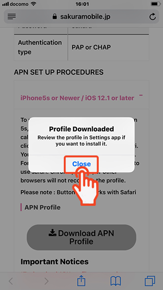 Confirmation popup showing profile downloaded with user closing confirmation message.