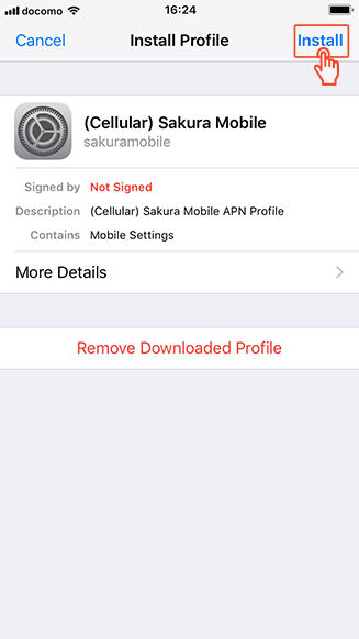 Sakura Mobile APN install screen with user tapping 'Install' to begin configuration.