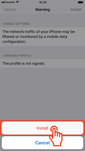iPhone popup showing Install and Cancel buttons, user confirming Sakura Mobile APN installation.