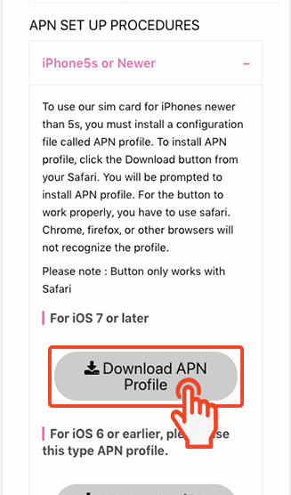 Safari browser with red box around 'Download APN Profile' button on Sakura Mobile APN page.