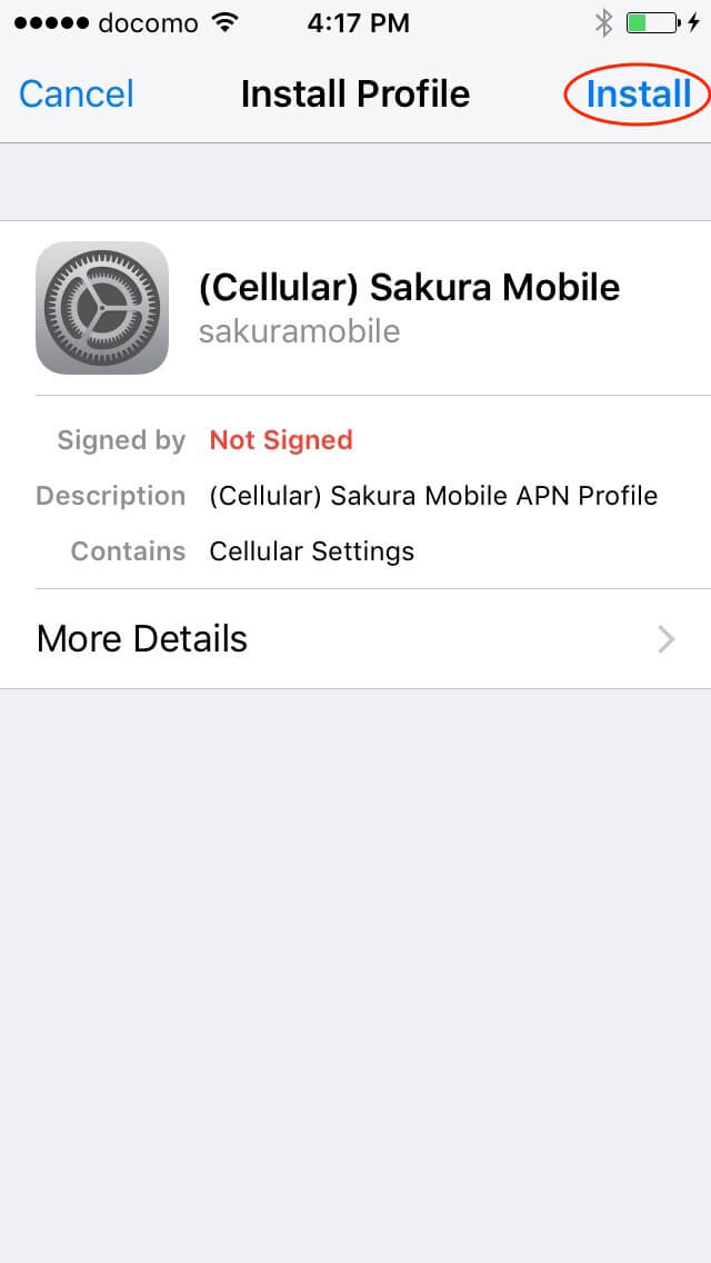 Settings screen wtih Install button on Sakura Mobile APN page.