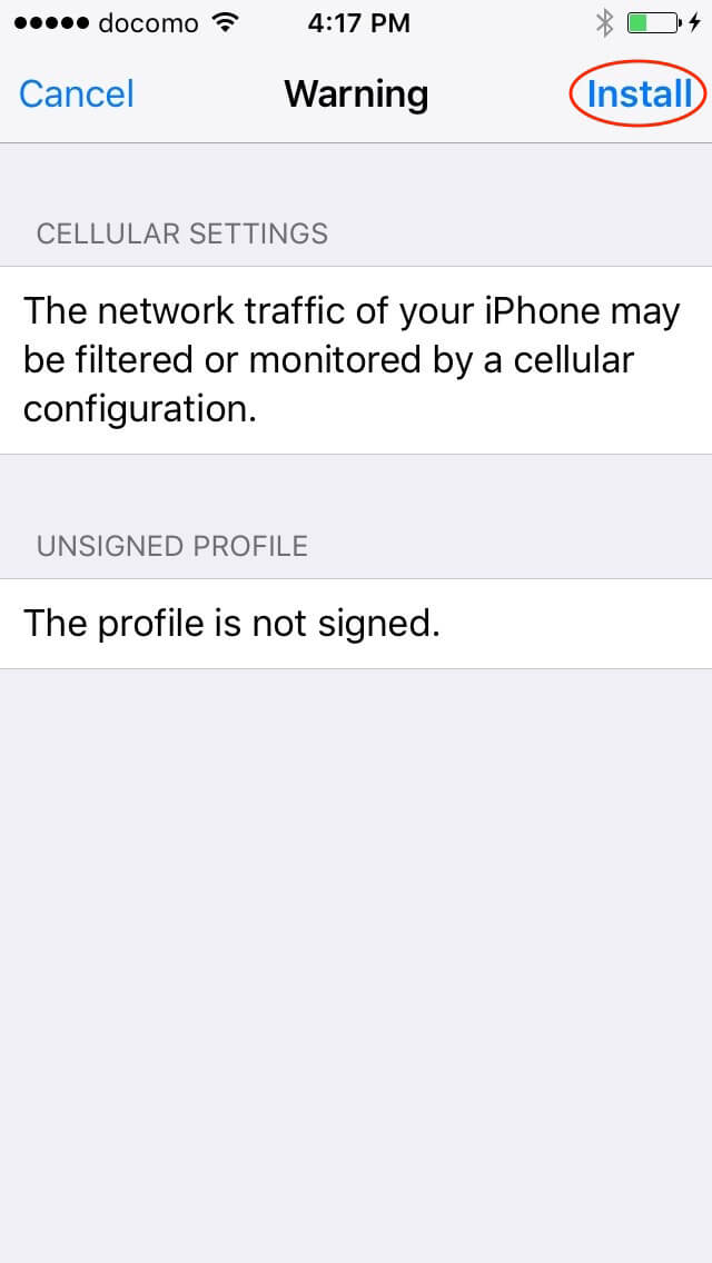 Warning screen about mobile data profile, 'Install' button highlighted.