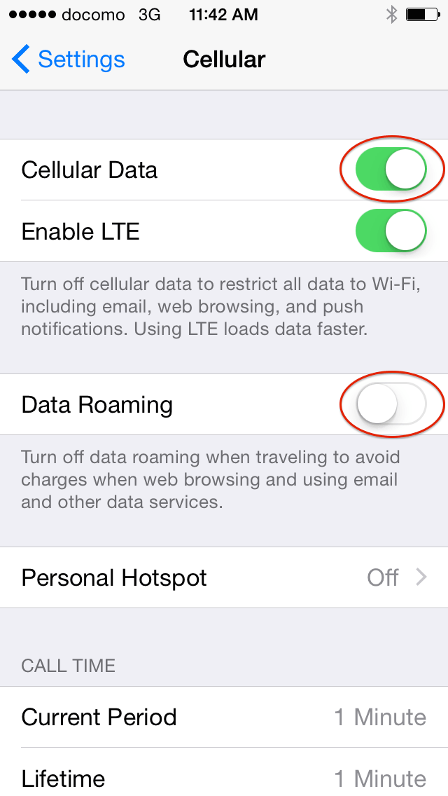 Cellular settings with Sakura Mobile APN active, LTE on and data roaming off.