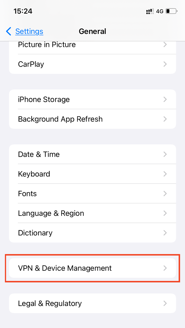 iPhone settings highlighting VPN & Device Management for APN profile removal.
