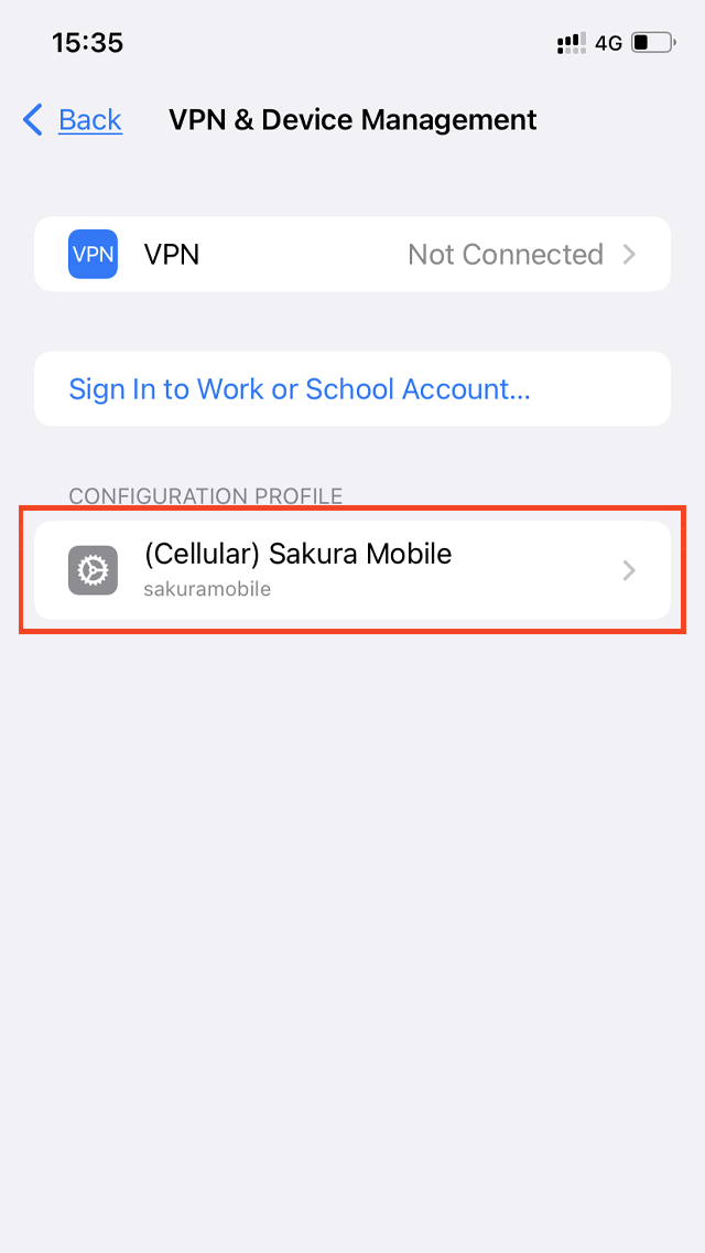 Sakura Mobile configuration profile selected for removal under VPN & Device Management.