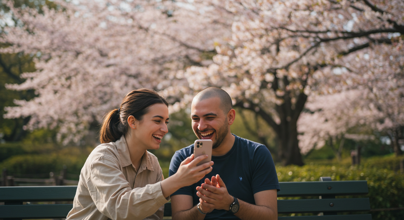Two tourists are staying connected via a video call during springtime in Shinjuku Koen